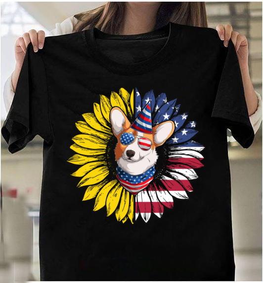 4th Of July Shirt, Corgi Dogs Patriotic American Flag Shirt, Funny Corgi And Sunflower T-Shirt