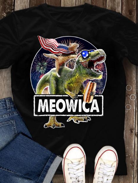 4Th Of July Shirt, Funny Shirt, Meowica Cat T Rex Dinosaur American Flag T-Shirt