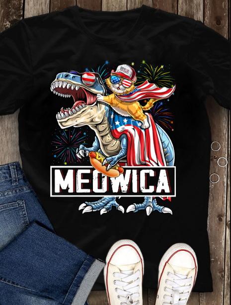 4Th Of July Shirt, Meowica Cat T Rex Dinosaur American Flag T-Shirt