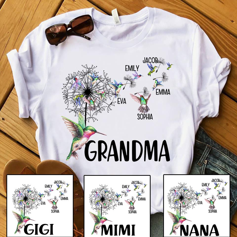 Custom Shirt, Grandma Shirt, Grandma And Grandkids Hummingbird Dandelion Flowers T-Shirt KM0906