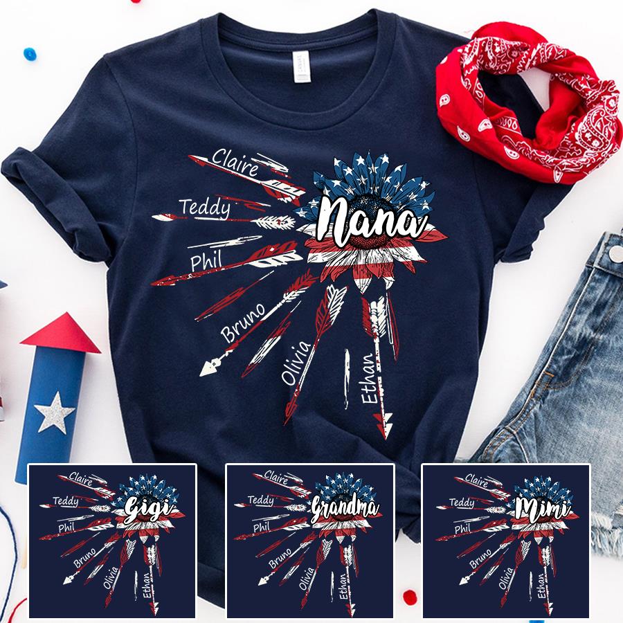 Custom Shirt, Grandma Shirt, Grandma With Grandkids Flower Arrow USA T-Shirt KM0906
