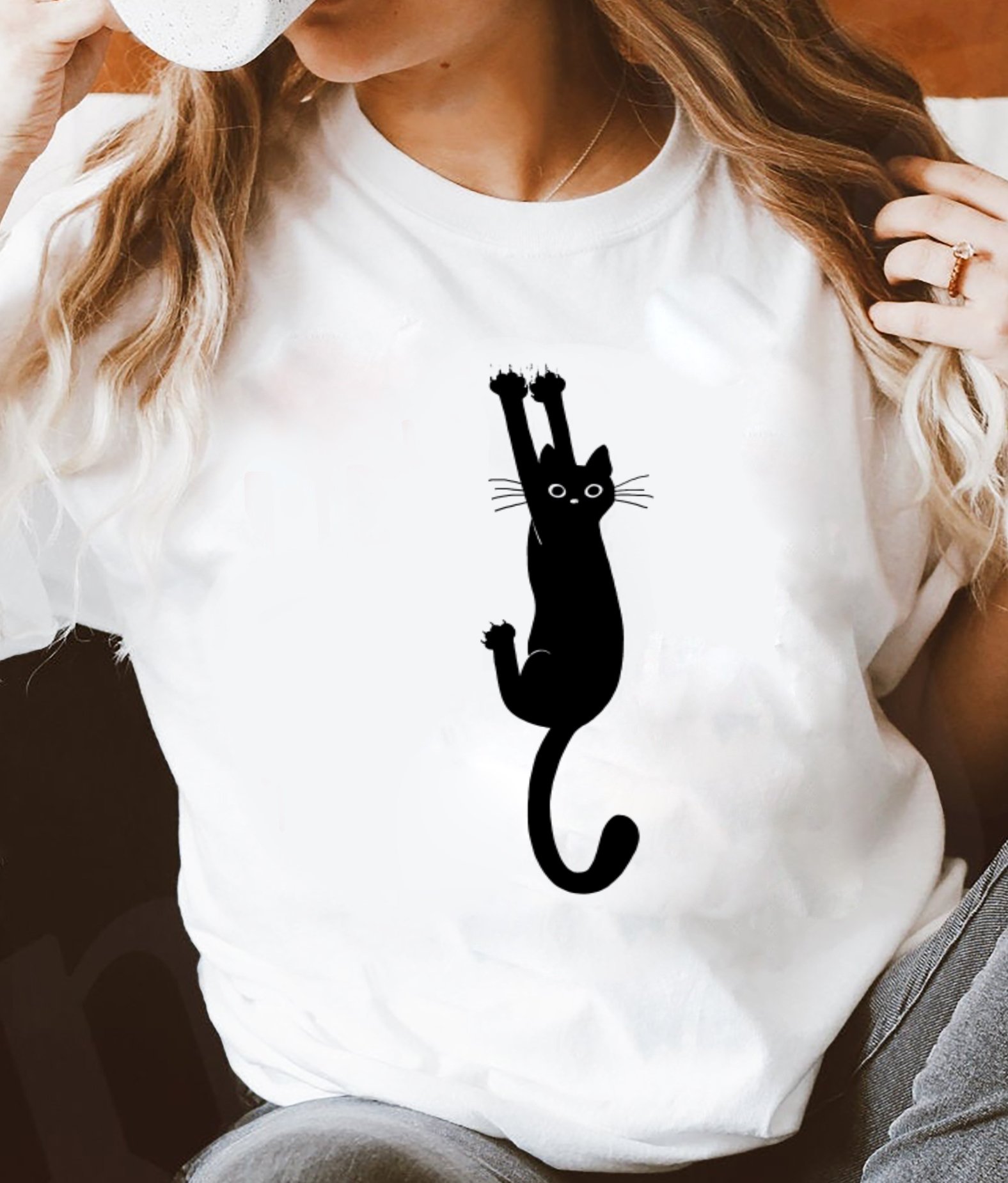 Funny Cat Shirt, Climbing Cat Shirt, Gift For Cat Lovers, Black Cat Climbing T-Shirt