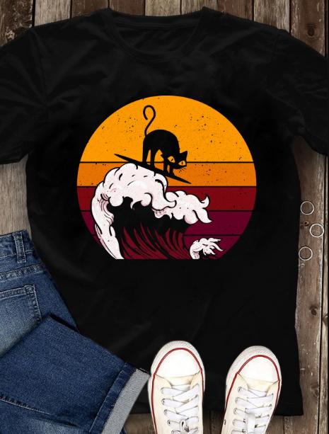 Funny Cat Shirt, Gift For Cat Lover, Black Cat Surfing Vintage T-shirt