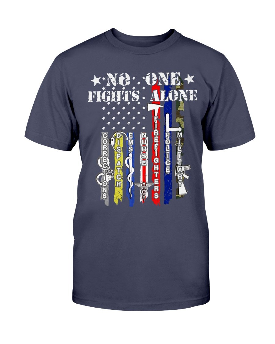 No One Fights Alone Shirt USA Flag Veterans Army Police T-Shirt 1&nbsp;