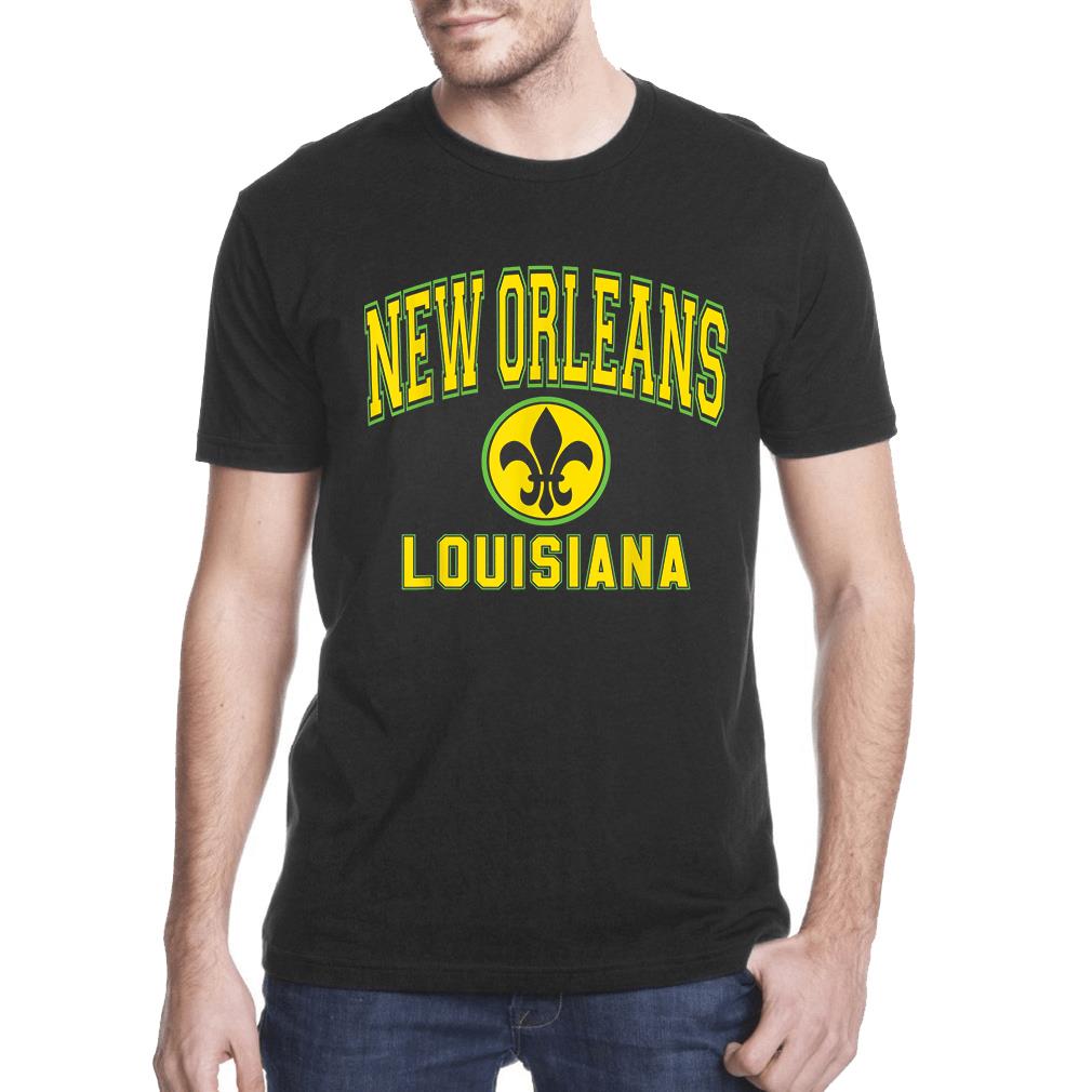 Mardi gras ? New orleans fleur de lis varsity style mardi gras colors t-shirt ? GST