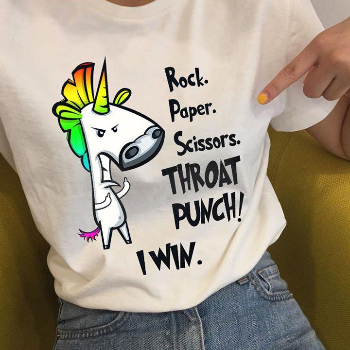 Rock paper scissors punch I win grumpy unicorn t-shirt ? GST