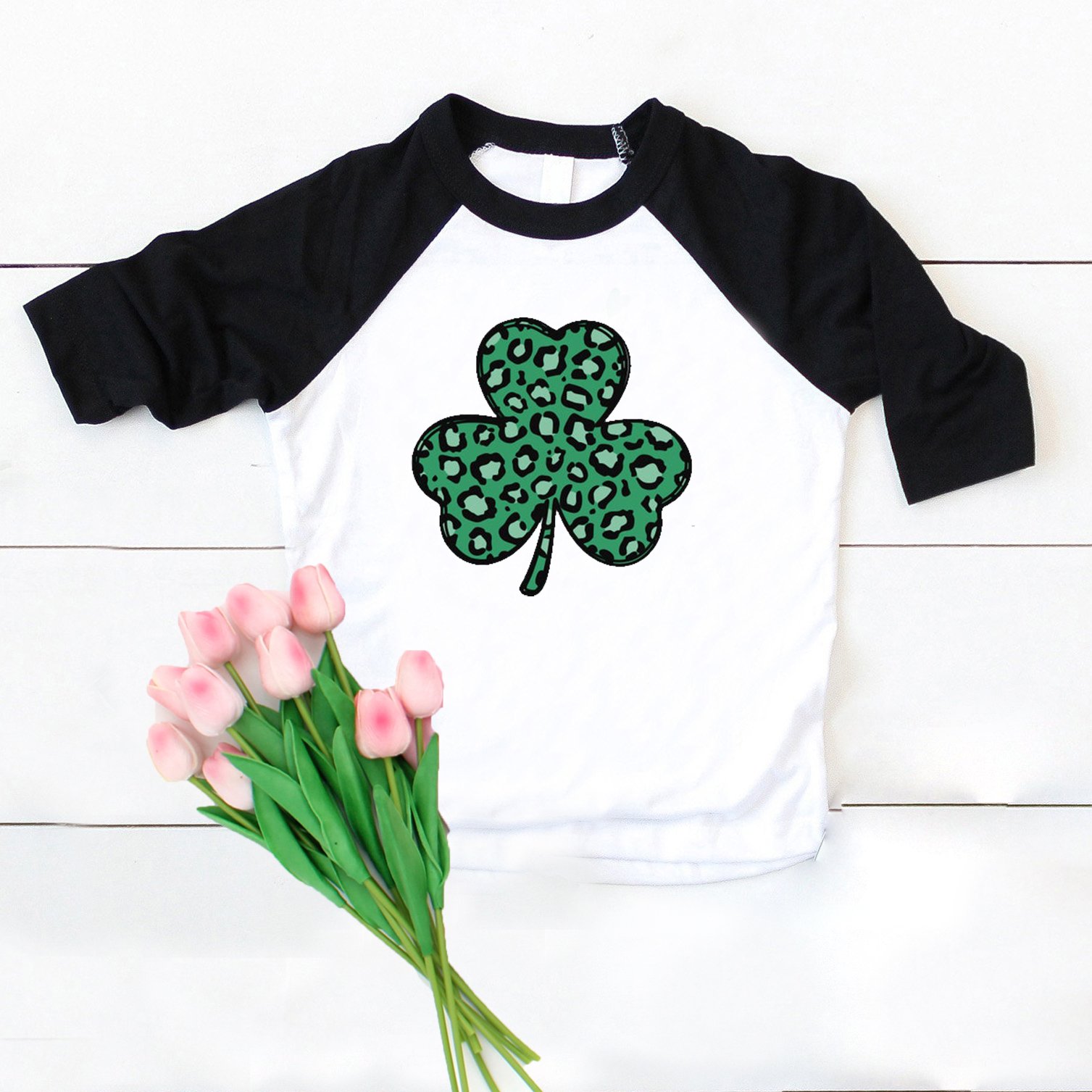 Shamrock leopard raglan kids st patricks shirt ? GST