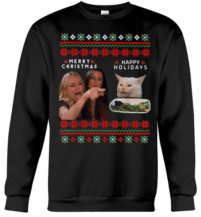 Woman yelling at a cat meme merry christmas vs happy holidays ugly christmas sweater ? GST