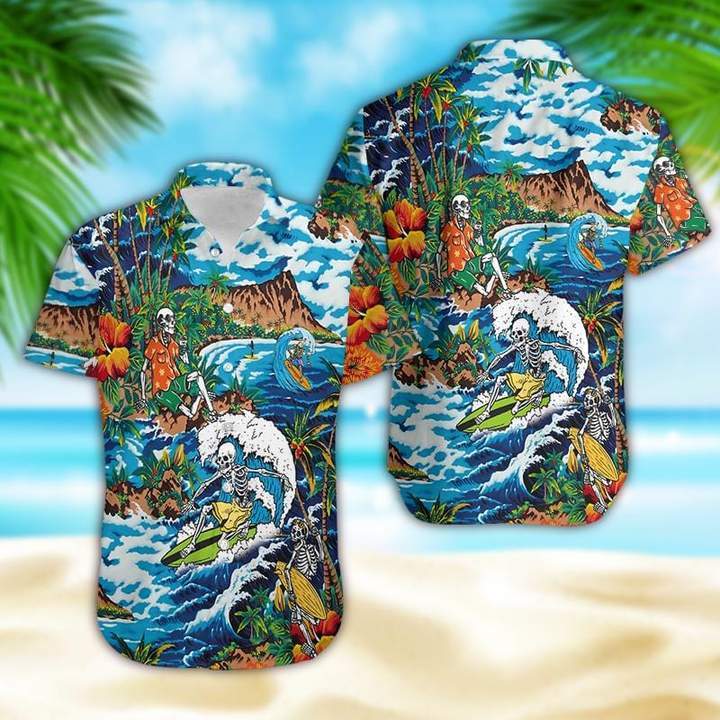 Amazing Skeleton Surfing On Tropical Island Hawaiian Shirt Pre11515 Amazing Skeleton Surfing On Tropical Island Hawaiian Shirt Pre11515