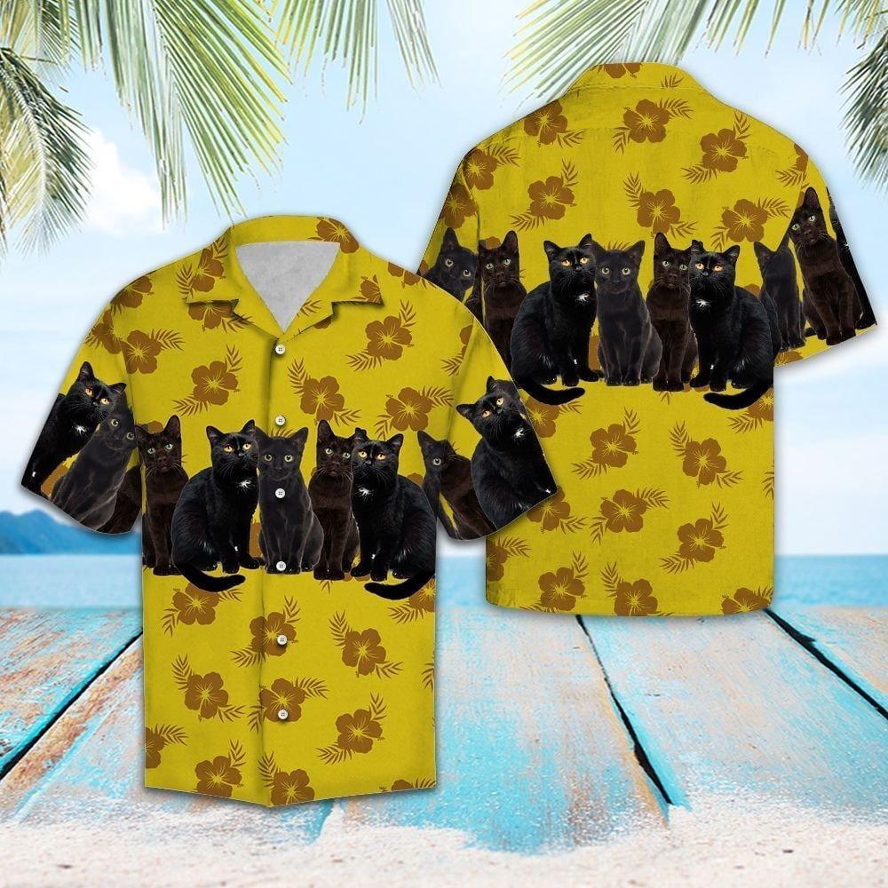 Black Cat Yellow Floral Summer Hawaiian Shirt Pre13498