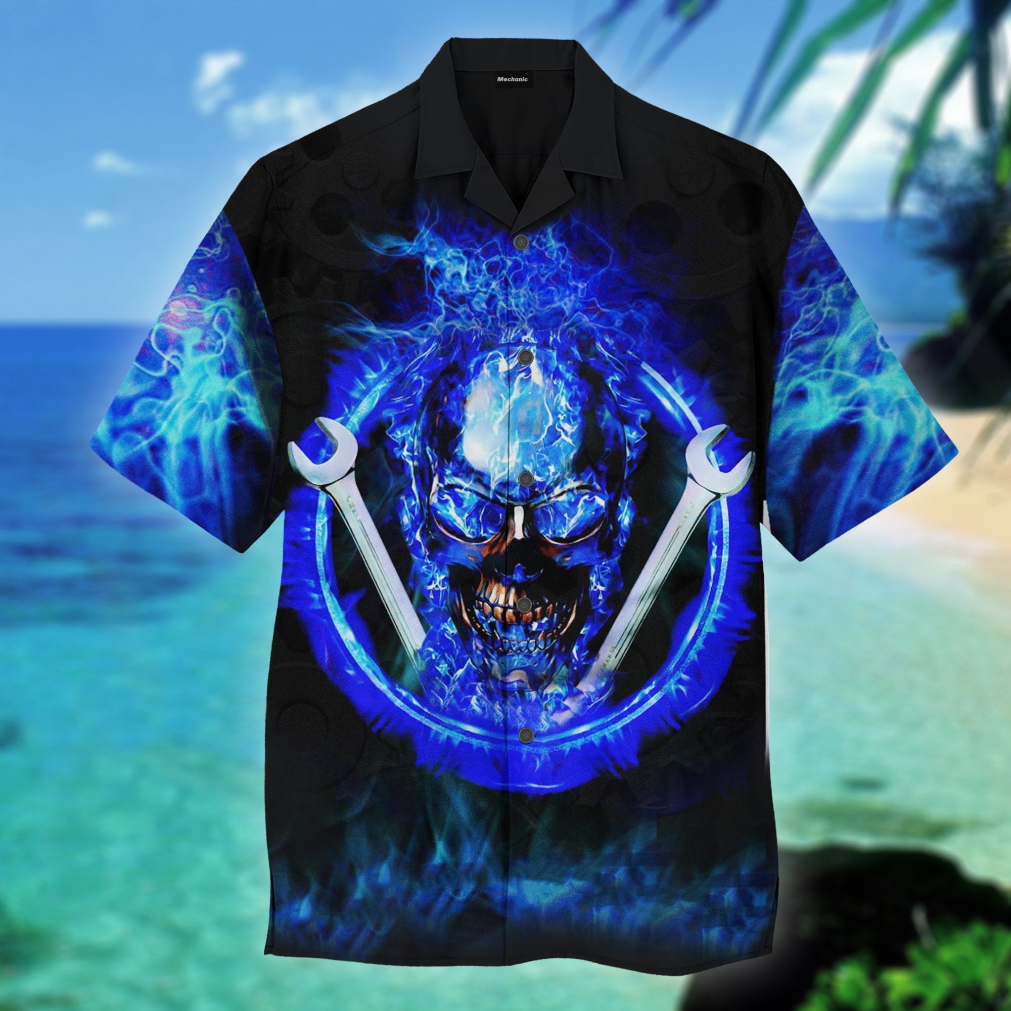 Blue Fire Skull Mechanic Hawaiian Shirt Pre13539