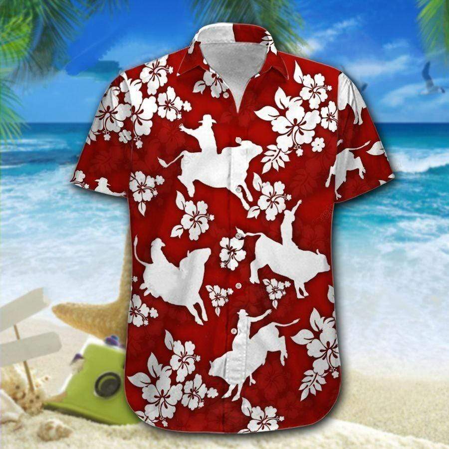 Bull Riding Red Hibiscus Hawaiian Shirt Pre10858