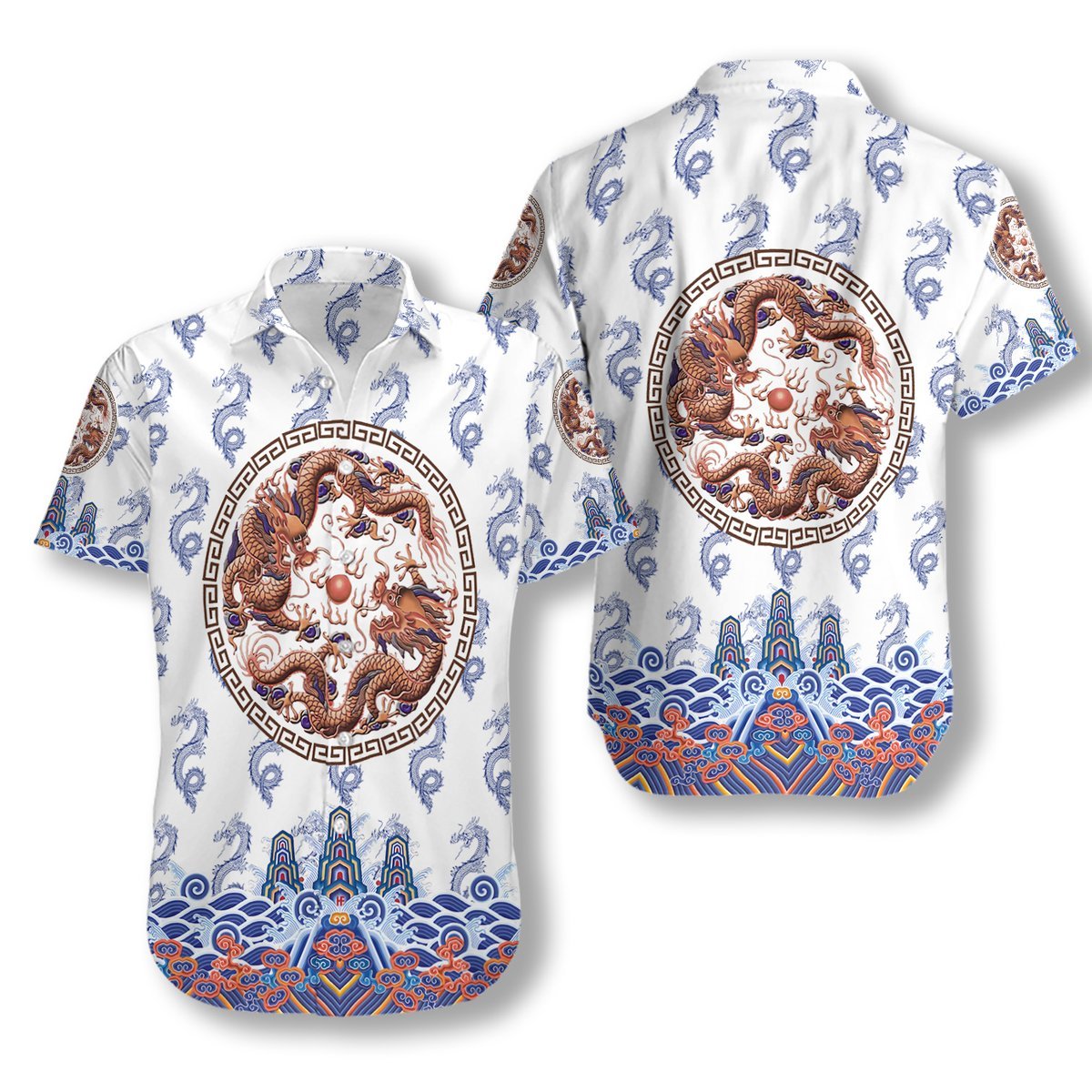 Chinoiserie Dragon White Hawaiian Shirt Pre11805