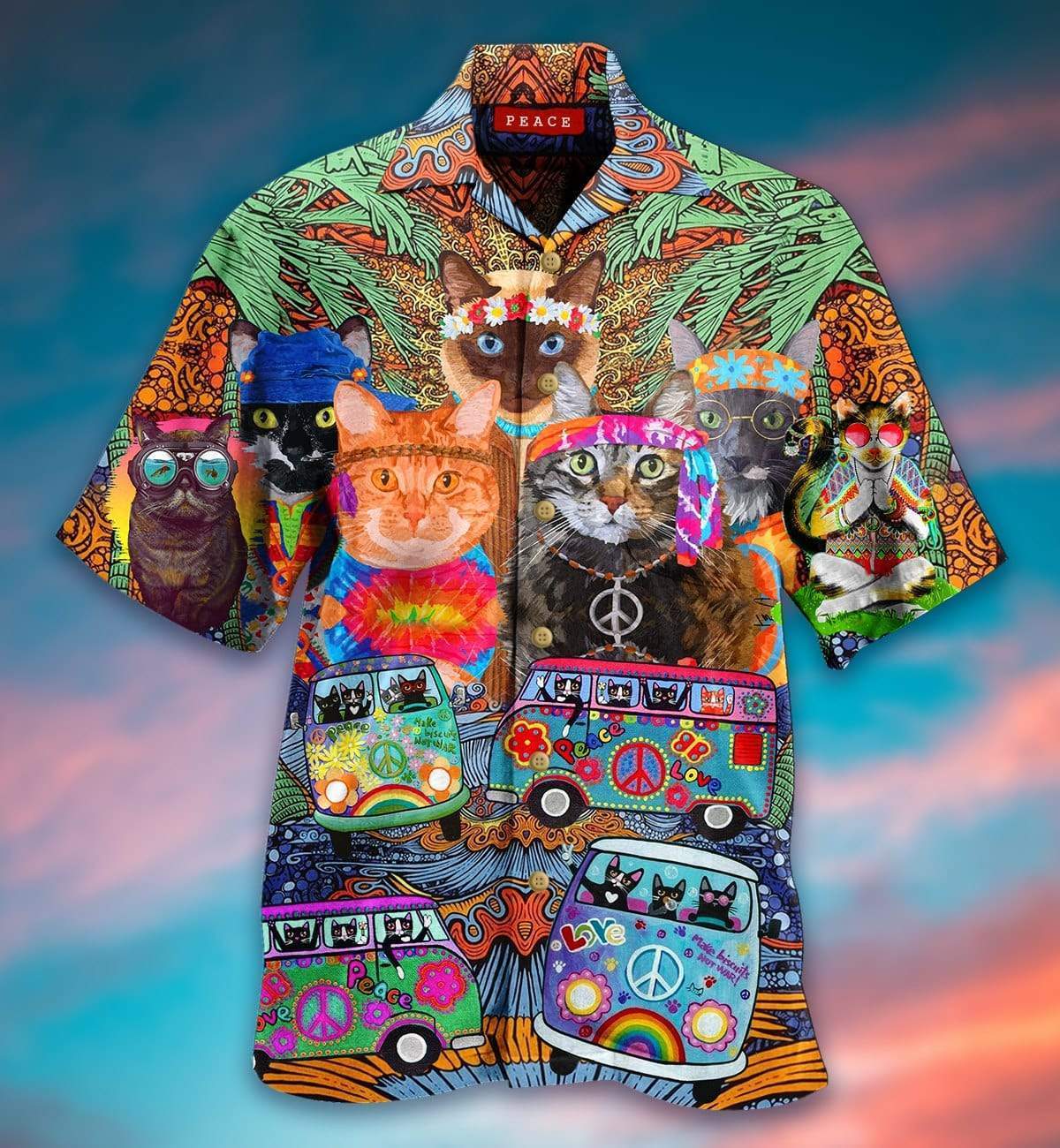 Colorful Hippie Van And Cat Unisex Hawaiian Shirt Pre13364 Colorful Hippie Van And Cat Unisex Hawaiian Shirt Pre13364