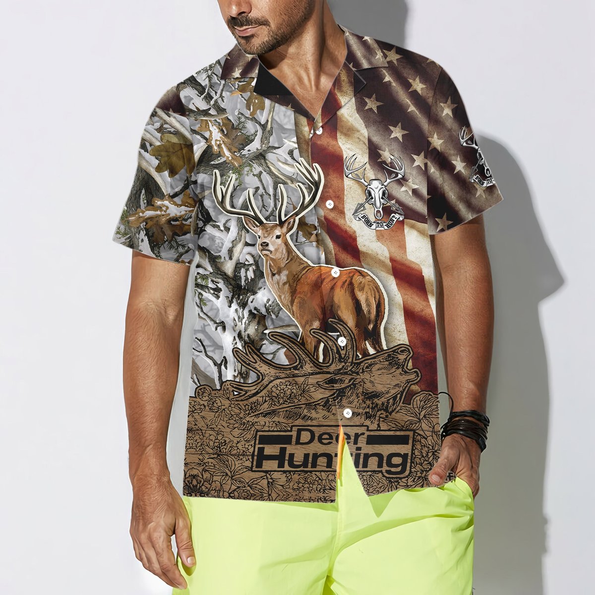 Deer Vintage Flag Bow Hunting Unisex Hawaiian Shirt Pre13284