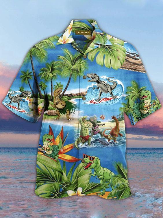 Dinosaur Coconut Tree Hawaiian Shirt Pre11392