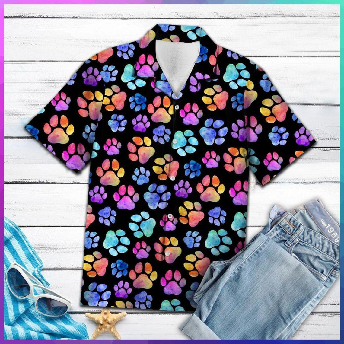 Dog Pawprint Colorful Hawaiian Shirt Pre10904 Dog Pawprint Colorful Hawaiian Shirt Pre10904