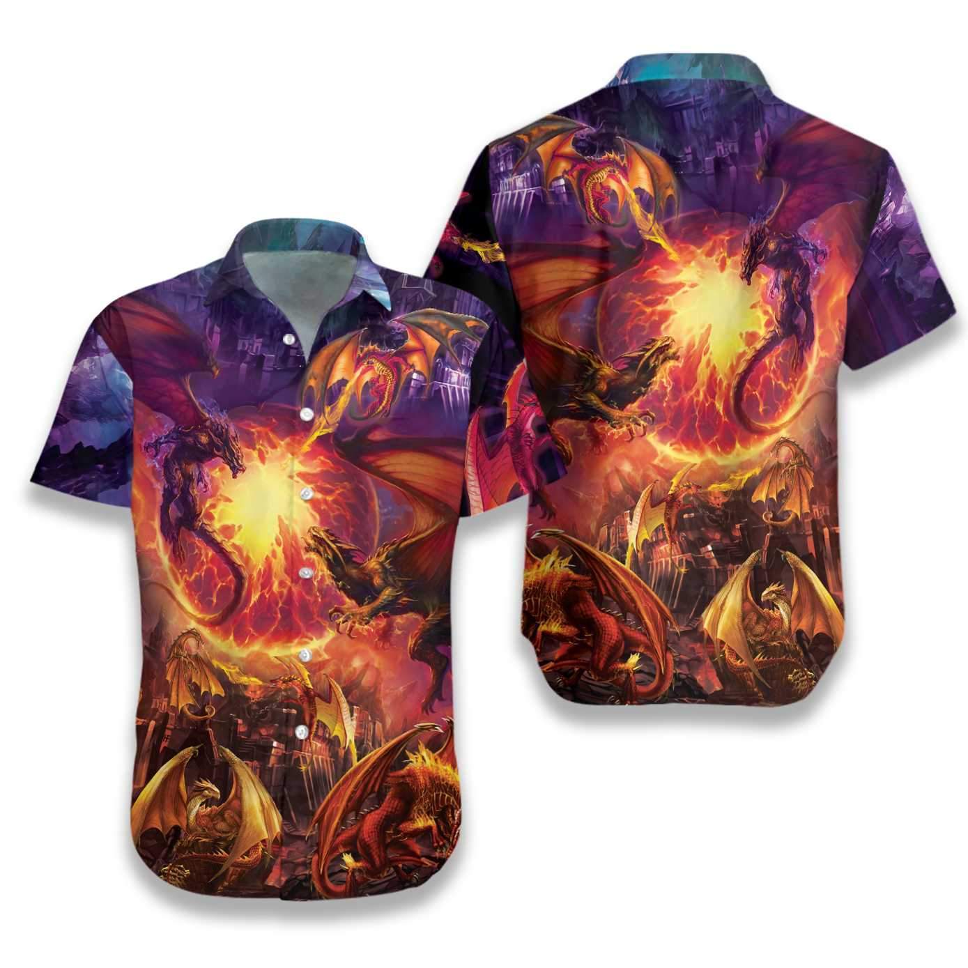 Dragons With Breathing Fire Art Hawaiian Shirt Pre13194