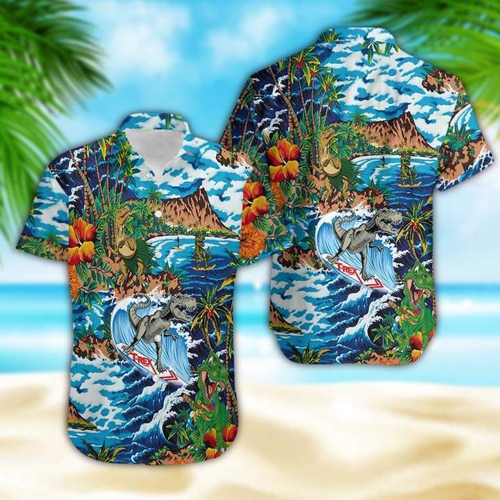 Funny Dinosaur Surfing On Tropical Island Hawaiian Shirt Pre11513