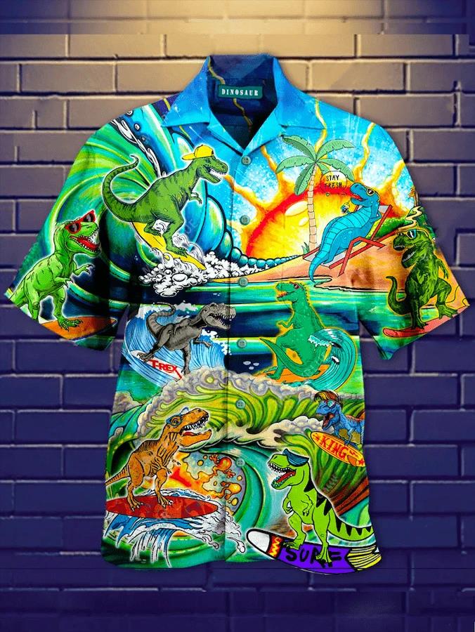 Funny T-Rex Dinosaur Surfing On The Summer Beach Hawaiian Shirt Pre13118