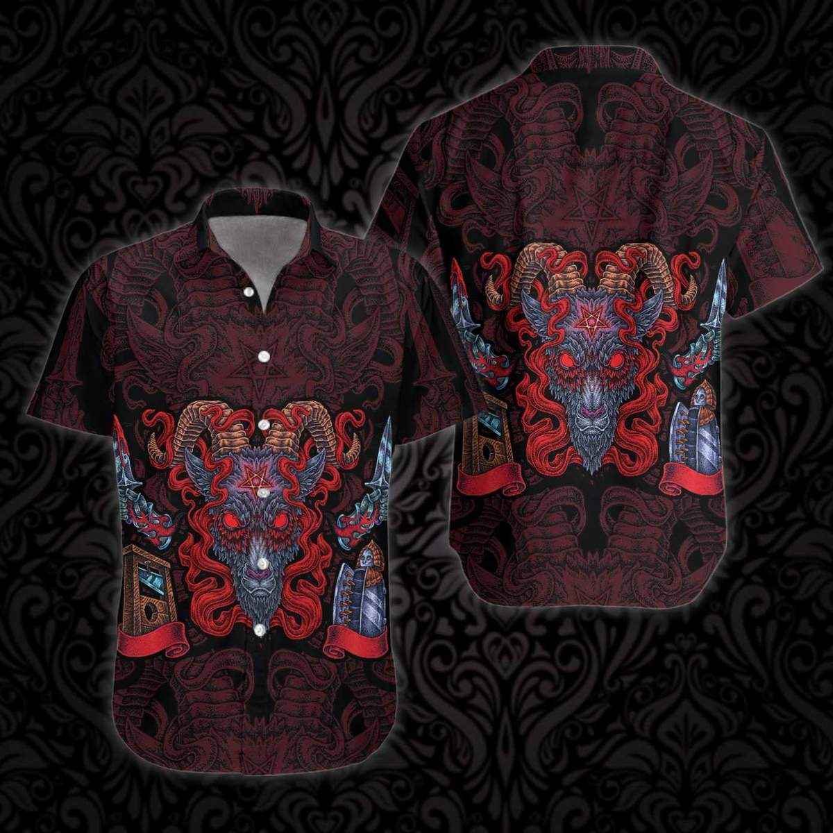 Goat Head Pentagram With Hell Fire Satanic Gothic Hawaiian Shirt Pre13146 Goat Head Pentagram With Hell Fire Satanic Gothic Hawaiian Shirt Pre13146