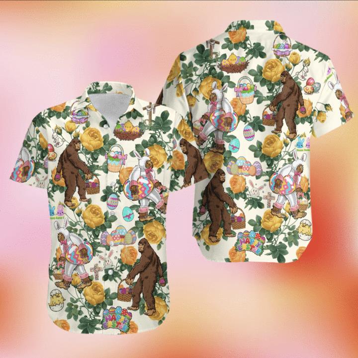 Happy Easter Bunny Bigfoot Hunting Eggs Hawaiian Shirt Pre13024