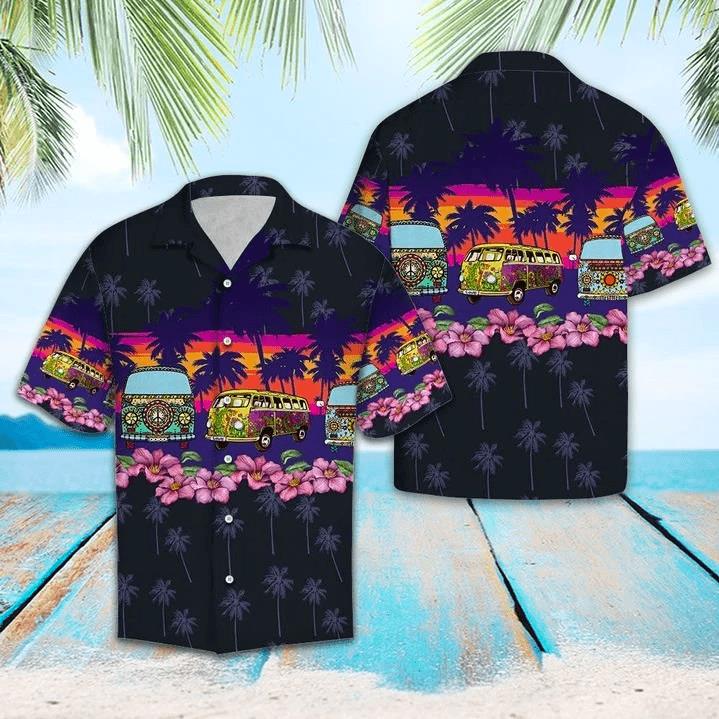 Hippie Car Black Tropical Summer Unisex Hawaiian Shirt Pre12983