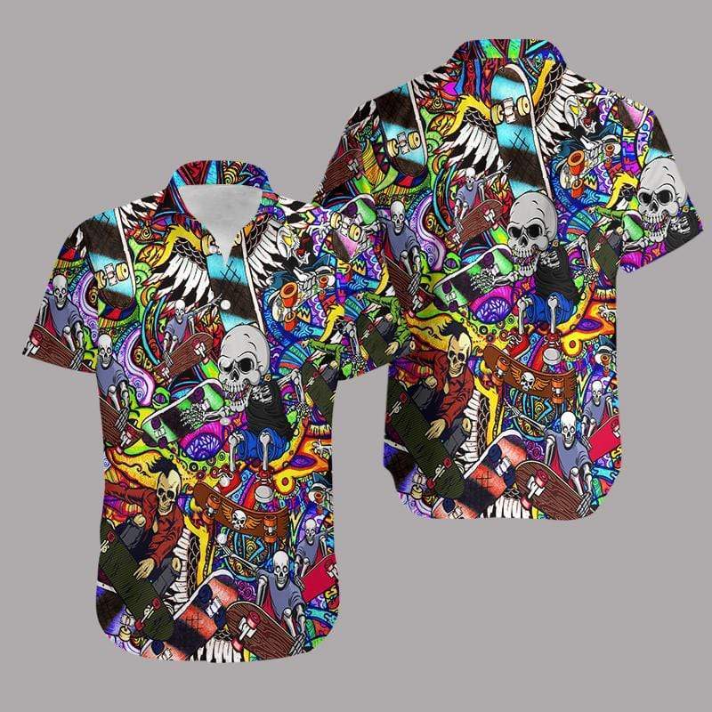 Hippie Skull Skating Hawaiian Shirt Pre10437