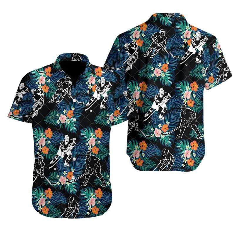 Hockey Player Black Tropical Hibiscus Hawaiian Shirt Pre12885