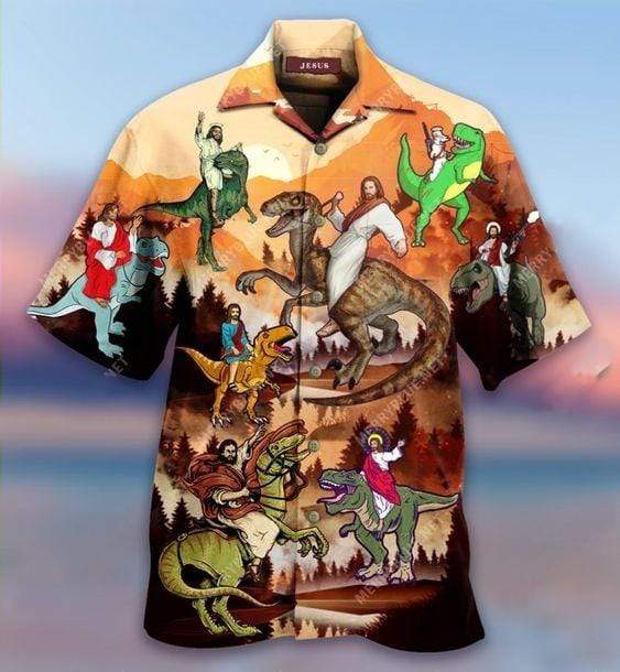 Jesus Rides A Dinosaur Hawaiian Shirt Pre12810