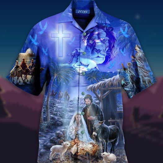Lion With Jesus Was Born In Farm Blue Hawaiian Shirt Pre12700 Lion With Jesus Was Born In Farm Blue Hawaiian Shirt Pre12700