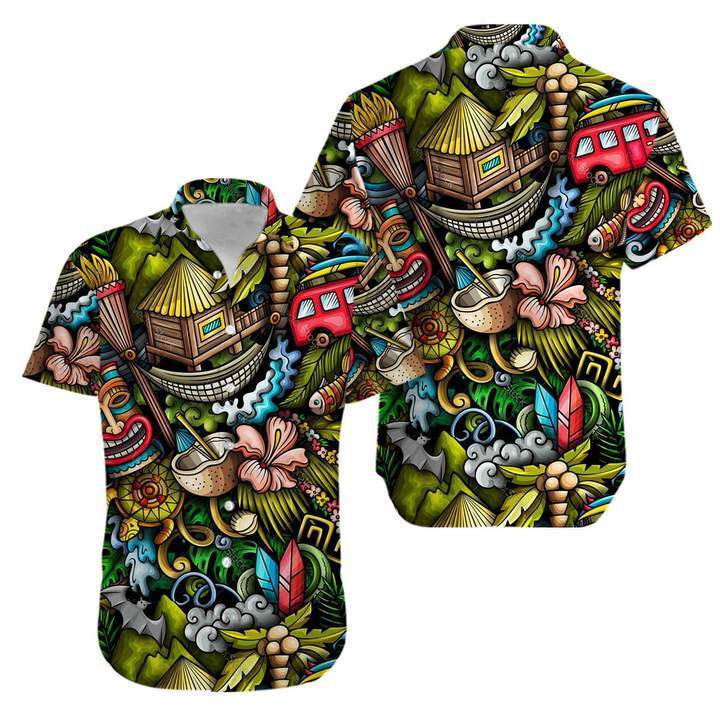 Ohana Hawaii Tiki Tropical Leaves Aloha Hawaiian Shirt Pre11749