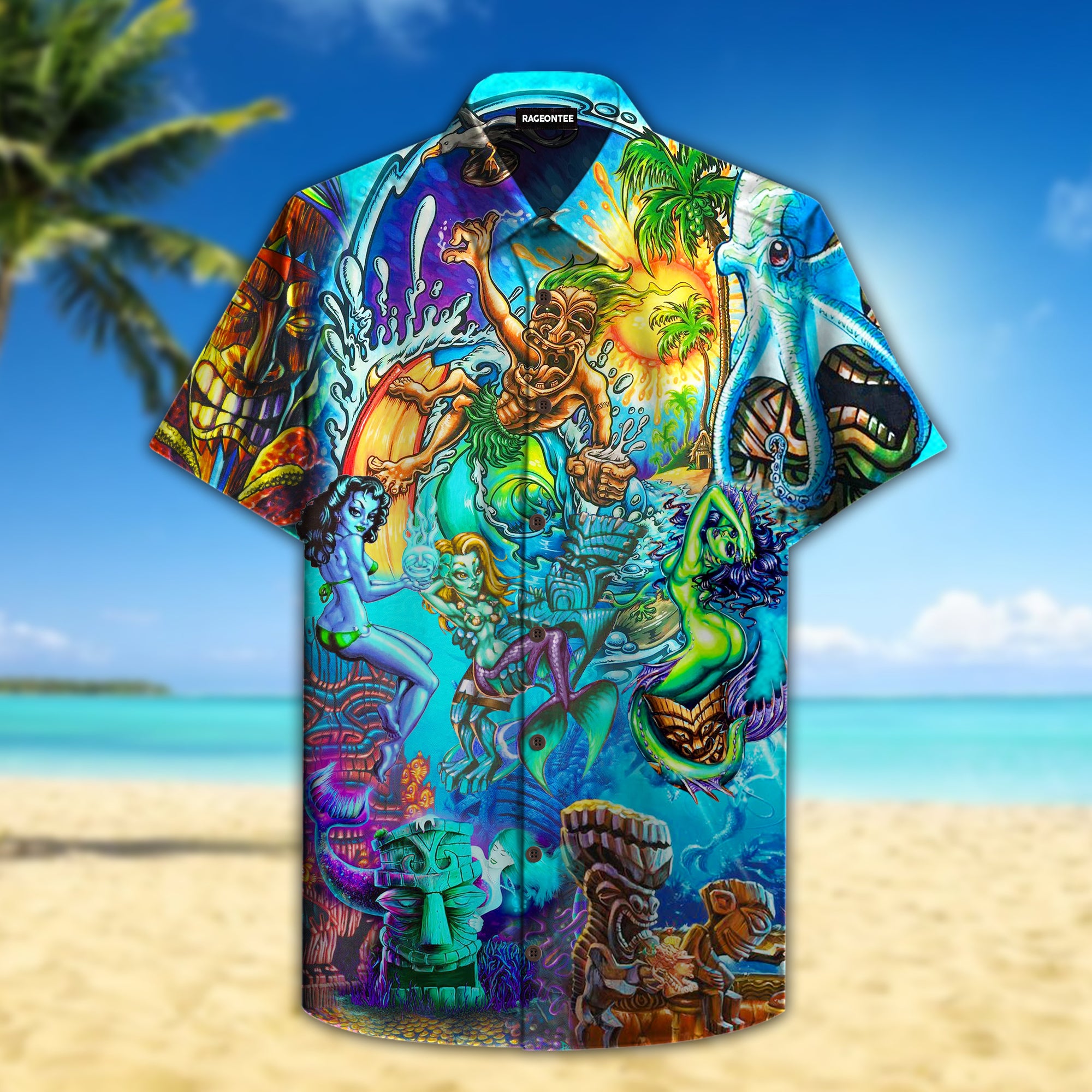 Tiki And Mermaid Island Hawaiian Shirt Pre11436