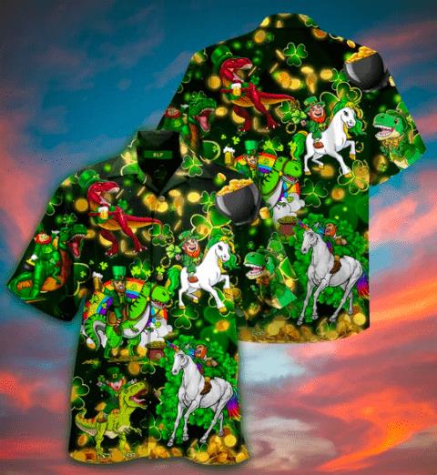 Unicorn Dinosaur Saint Patrick Hawaiian Shirt Pre12133