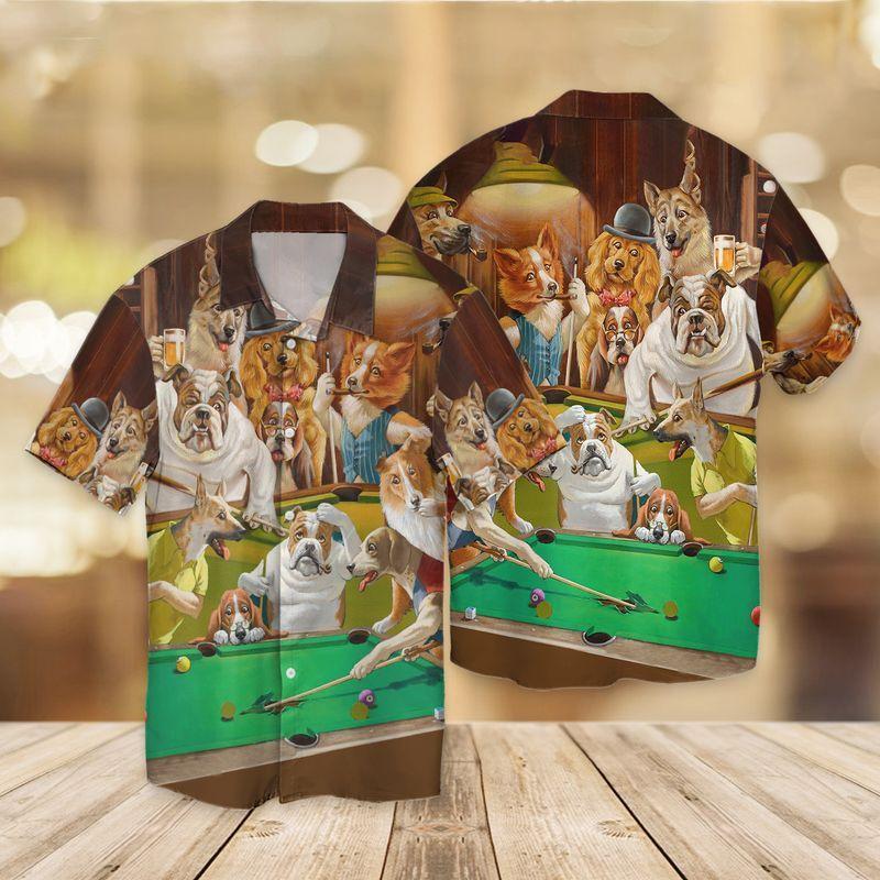 Vintage Dogs Playing Pool Hawaiian Shirt Pre10034