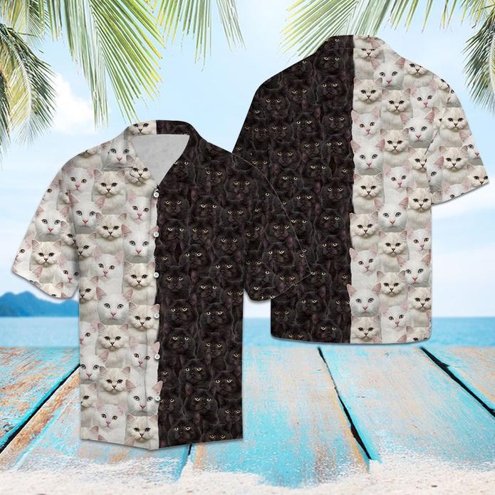 White Black Cat Hawaiian Shirt Pre10360
