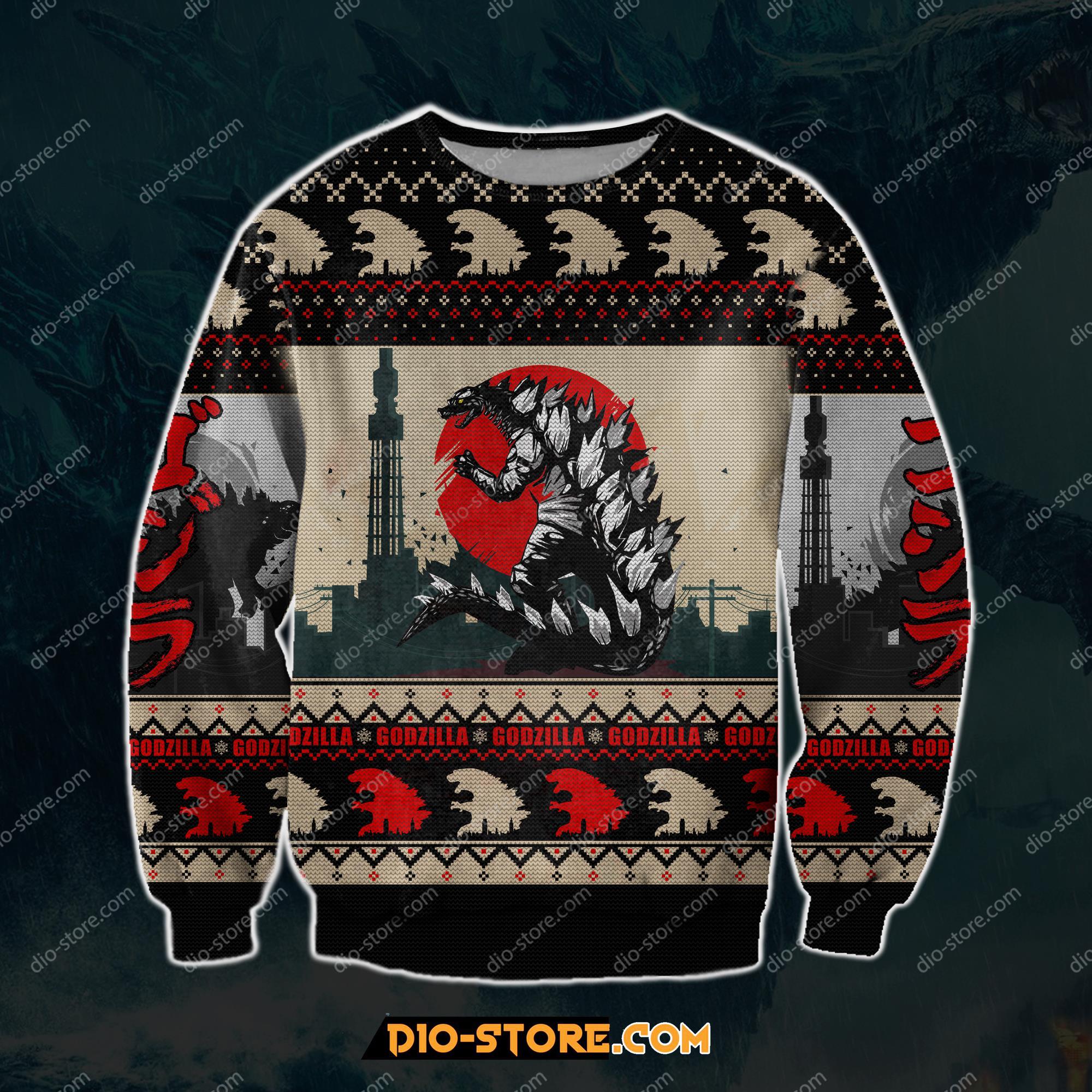 Godzilla Knitting Pattern 3D Print Ugly Christmas Sweater Hoodie All Over Printed Cint10110