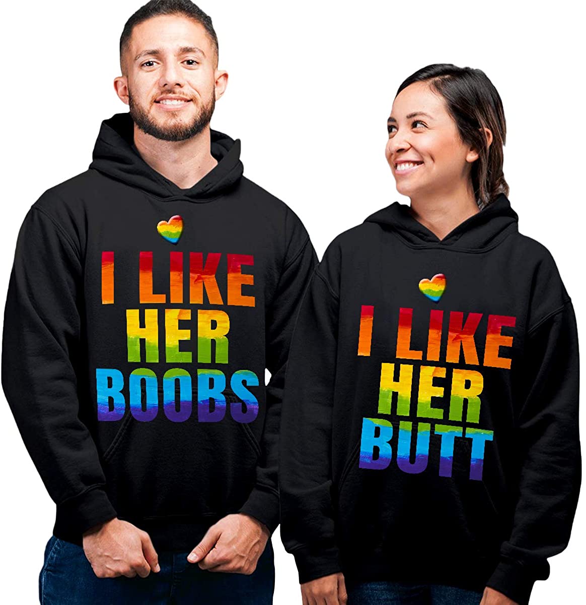 LGBT Rainbow I Like Her Boobs I Like Her Butt Matching Couple Hoodies