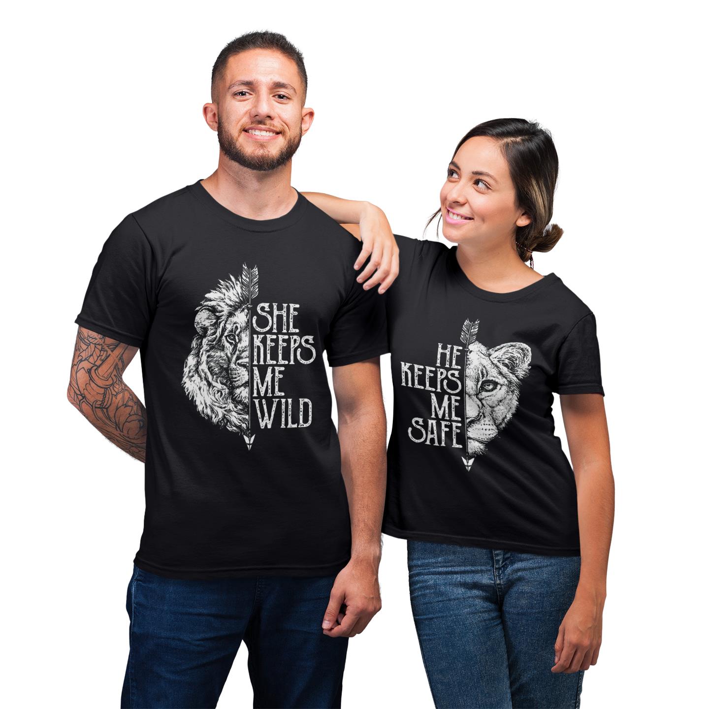 She Keeps Me Wild He Keeps Me Safe Lion Couple Matching T-Shirt