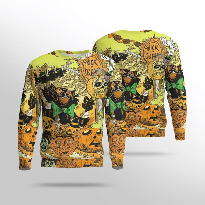 Freaking Room Trick Or Treat Black Cat Pumpkin Spooky Halloween 3D Aop Sweatshirt