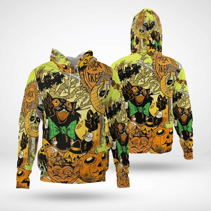 Freaking Room Trick Or Treat Black Cat Pumpkin Spooky Halloween 3D Hoodies