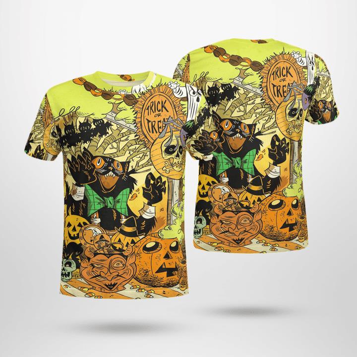 Freaking Room Trick Or Treat Black Cat Pumpkin Spooky Halloween 3D T-Shirt