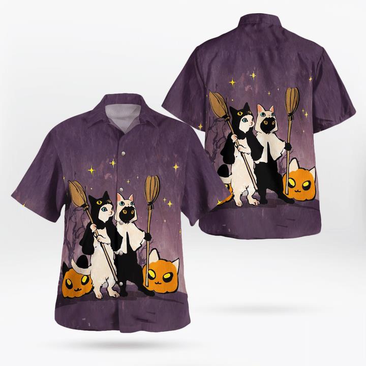 Funny Halloween Black And White Cats Witches Pumpcat 3D Hawaii Shirt Funny Halloween Black And White Cats Witches Pumpcat 3D Hawaii Shirt