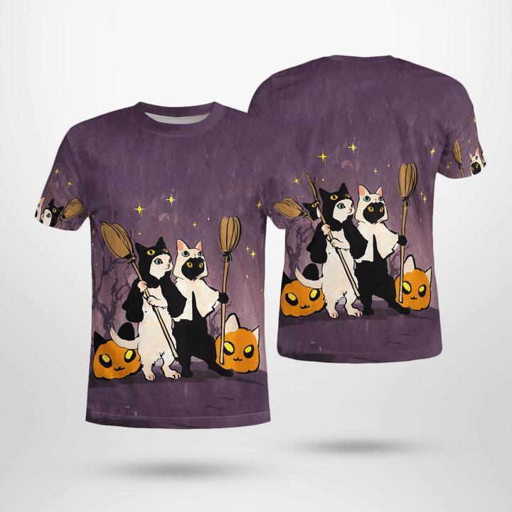 Funny Halloween Black And White Cats Witches Pumpcat 3D T-Shirt