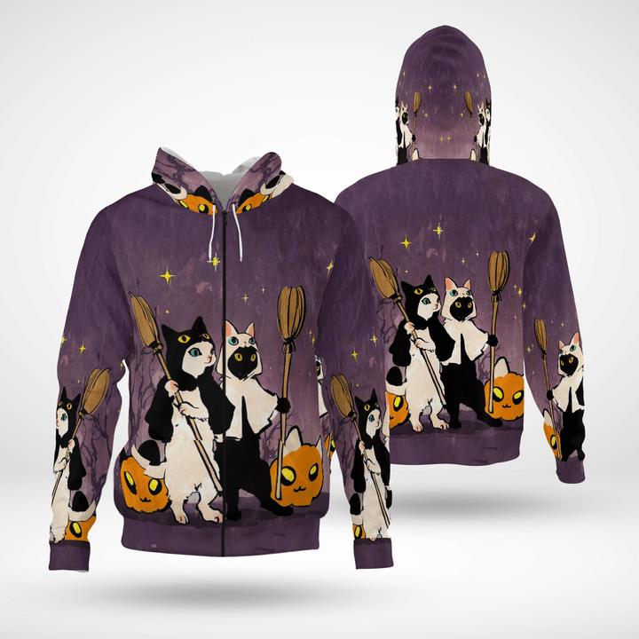 Funny Halloween Black And White Cats Witches Pumpcat 3D Zip Hoodies Funny Halloween Black And White Cats Witches Pumpcat 3D Zip Hoodies