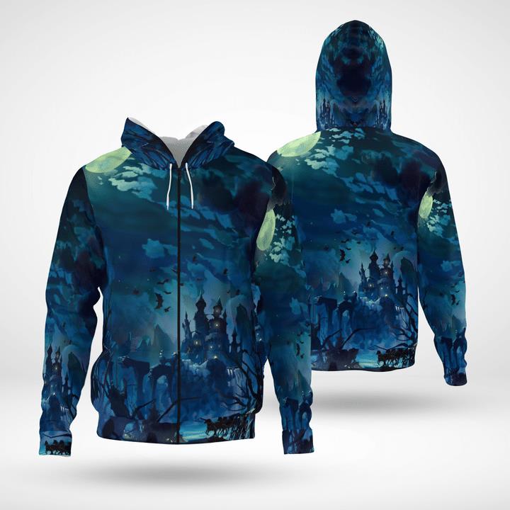 Gloomy Full Moon Night Haunted Castle Spooky 3D Zip Hoodies
