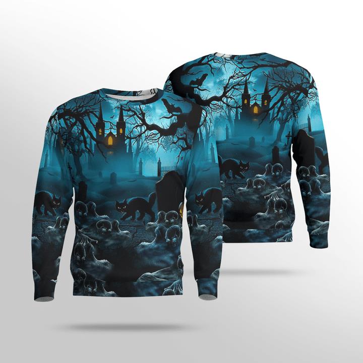 Gloomy Night Haunted Castle Black Cat Scary Halloween Spooky 3D Aop Sweatshirt