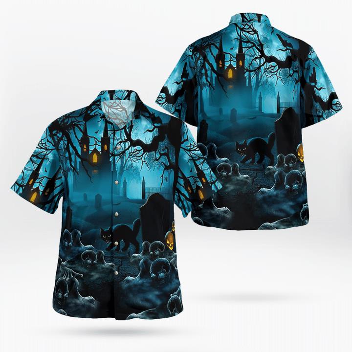 Gloomy Night Haunted Castle Black Cat Scary Halloween Spooky 3D Hawaii Shirt