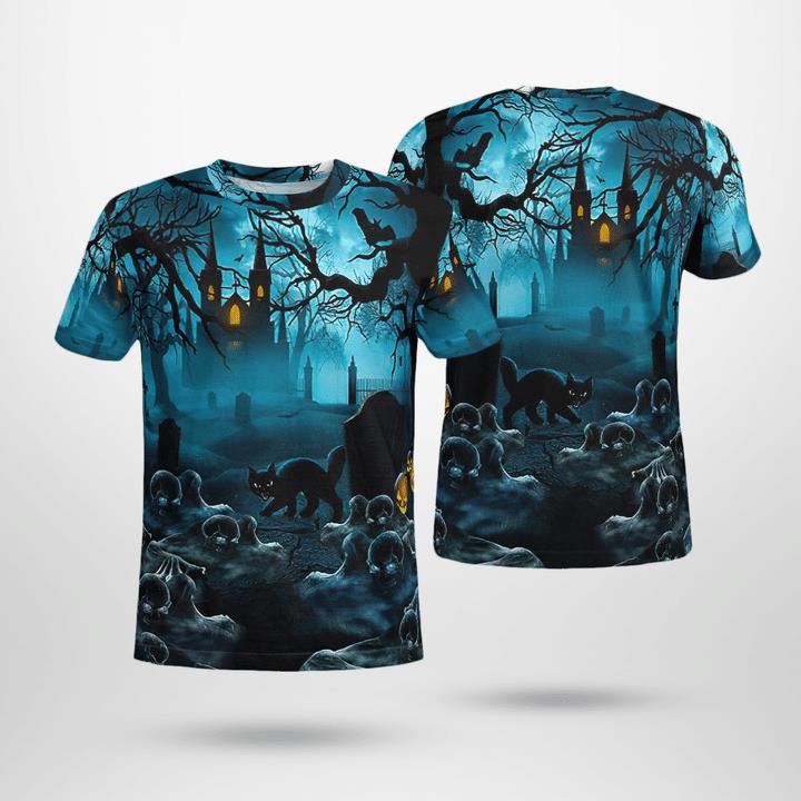 Gloomy Night Haunted Castle Black Cat Scary Halloween Spooky 3D T-Shirt