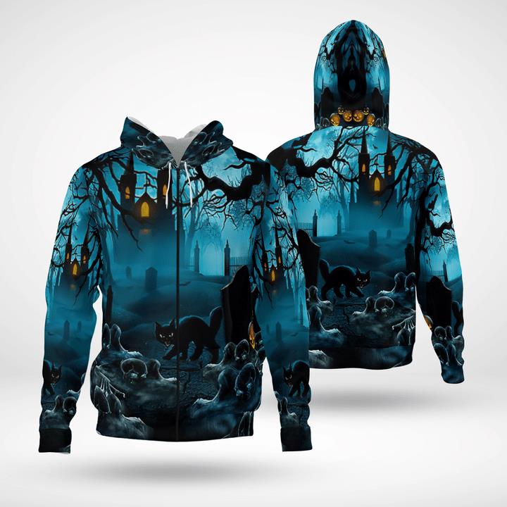 Gloomy Night Haunted Castle Black Cat Scary Halloween Spooky 3D Zip Hoodies Gloomy Night Haunted Castle Black Cat Scary Halloween Spooky 3D Zip Hoodies
